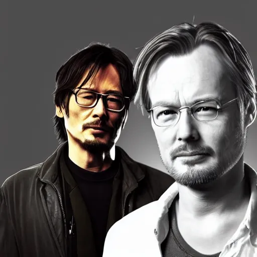 Image similar to Hideo Kojima and Christopher Nolan as Jesse Pinkman and Walter White matte paint portrait