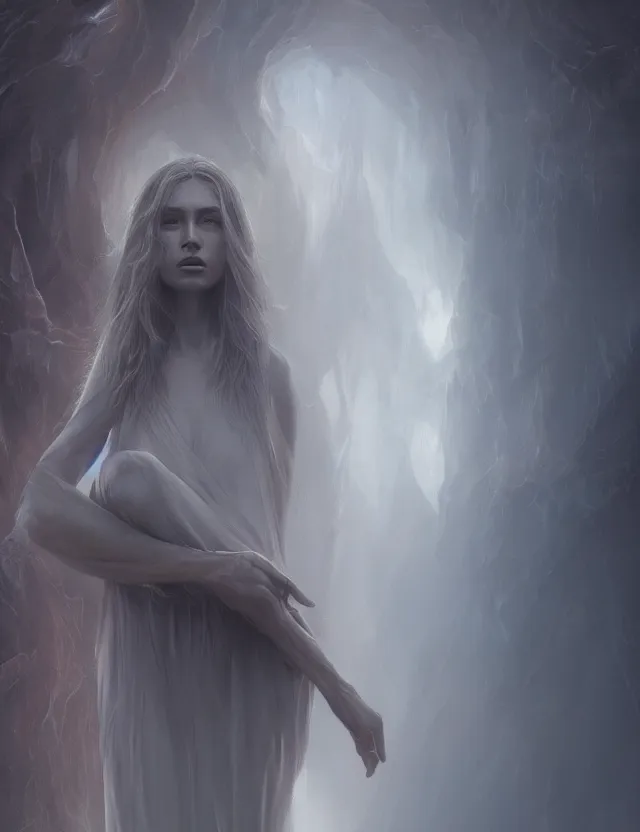 Prompt: A woman made of mist, dramatic atmosphere, masterpiece digital painting by Alex Grey, Greg Rutkowski, 4k wallpaper