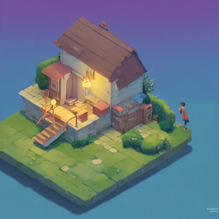 Prompt: isometric game asset on a plinth, diorama, a lovely cottage, plain background, cory loftis, james gilleard, atey ghailan, makoto shinkai, goro fujita, studio ghibli, exquisite lighting, clear focus, very coherent, soft painting