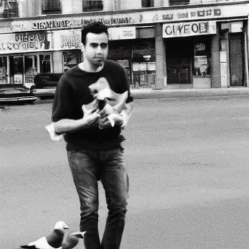 Prompt: surveillance camera footage of xavi hernandez on the street holding a pigeon