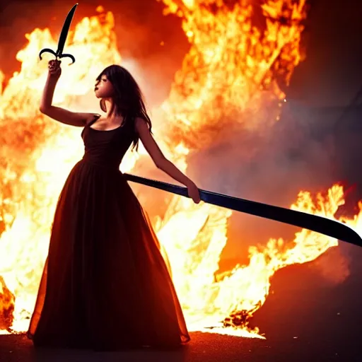 Image similar to a beautiful girl with a beautiful face in a torn dress holding a sword against the background of a burning city, finale fantasy