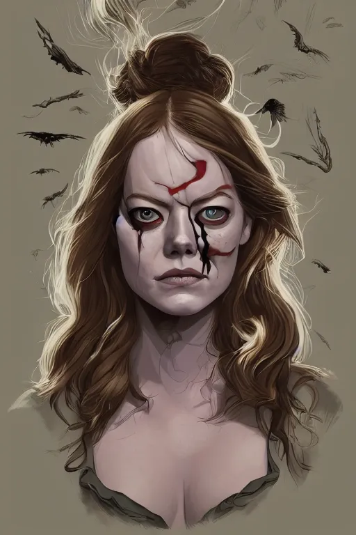 Image similar to emma stone in sleepy hollow, full body, big two toned eyes, teeth gritted, horror, intricate details, cinematic, epic, realistic, anatomy, tomer hanuka, uplight, artstation, photorealistic, scary