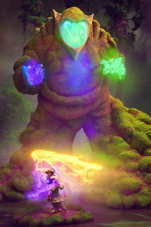 Image similar to arcane fantasy art giant golem elemental wood rock bastion forged gemstone enchanted forest troll, global illumination ray tracing hdr fanart arstation by sung choi and eric pfeiffer and gabriel garza and casper konefal lisa frank zbrush central hardmesh radiating a glowing aura