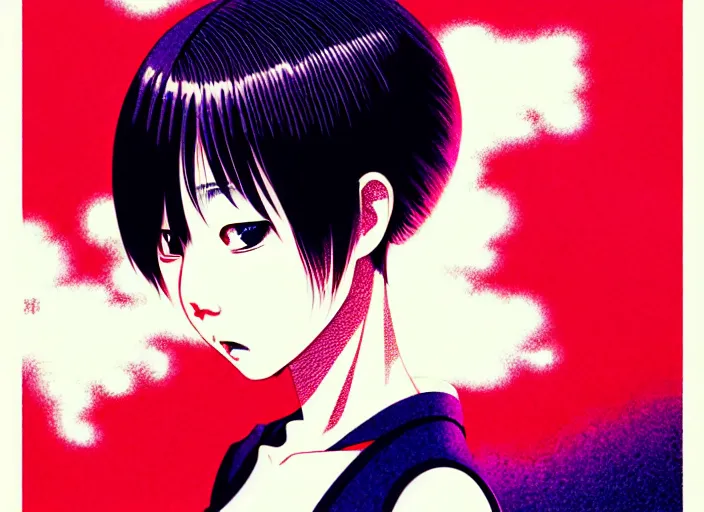 Image similar to editorial illustration colorful, anime portrait of shiina ringo, katsuhiro otomo, manga, ilya kuvshinov, fine texture, realistic shading, fine details, matte colors, film noir, dramatic lighting, dynamic composition, mucha, moody, vivid, volumetric, stippled lighting