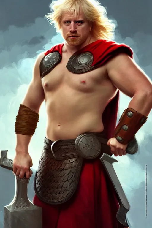 Image similar to Boris Johnson as Thor with Hammer, masculine bodybuilder figure, highly detailed, digital painting, artstation, concept art, smooth, sharp focus, illustration, cinematic lighting, art by artgerm and greg rutkowski and alphonse mucha