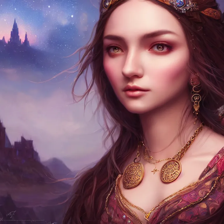 Prompt: masterpiece portrait charming and miracle female luxury astromancer boho accessories in dreamlike movie, akali, high detailed face, art by artgerm, greg rutkowski, sasoura, satchely, big major starry sky and city in background, uhd, medium long shot, fantasy, twlight, no distorsion, sharp focus, cg animation