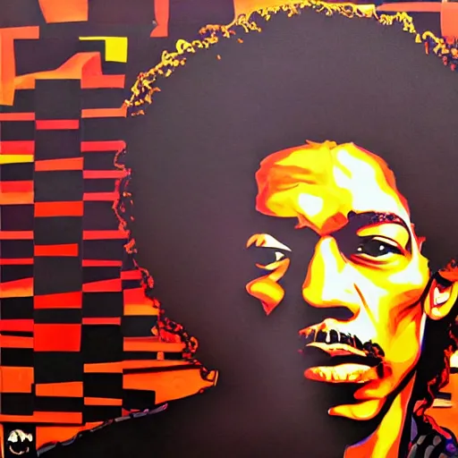 Prompt: artwork by Joshua Mays showing a portrait of Jimi Hendrix
