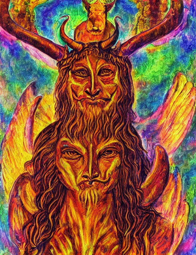 Image similar to the ancient god Baphomet, horned god of wisdom gnostic mystery religion, oil painting (beautiful), chromatic aberration strange colors