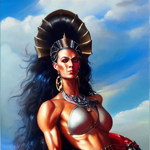 Prompt: detailed oil painting of tall hyper - muscular shining bronze - skinned warrior woman with silver eyes, with two big scimitars, full body, with long wavy flowing black hair and big gold earrings, jewelry, red lipstick, makeup, feminine, volumetric lighting, dynamic composition, art by boris vallejo, heavy metal magazine