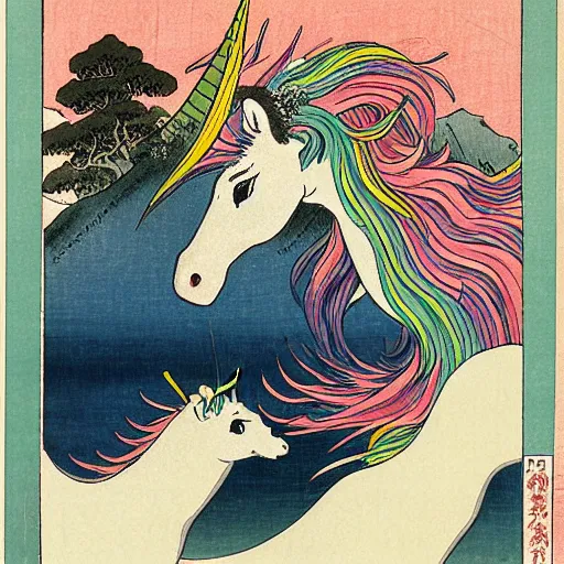 Prompt: A unicorn with rainbow color by Katsushika Hokusai