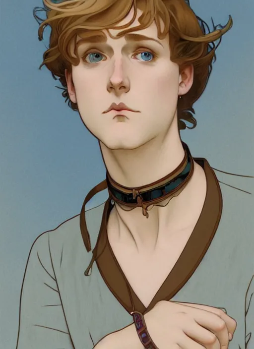 Image similar to art nouveau portrait of a pretty young man with short light brown straw blond hair, light blue eyes, sad expression, scared, head down, shy and demure, wearing a choker collar, natural lighting, path traced, highly detailed, high quality, cartoon, digital painting, by don bluth and ross tran and studio ghibli and alphonse mucha