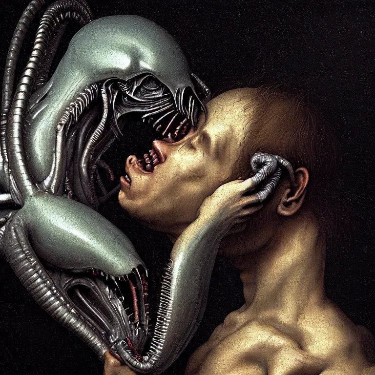 Prompt: portrait of a beautiful man kissing xenomorph by hieronymus bosch, soft bloom lucid dream - like ethereal dark atmosphere, baroque portrait painting, perfect composition, intricate detailed octane render trending on artstation, 8 k artistic photography, volumetric cinematic perfect light, chiaroscuro, masterpiece, raphael, caravaggio, rutkowski, beeple, beksinski