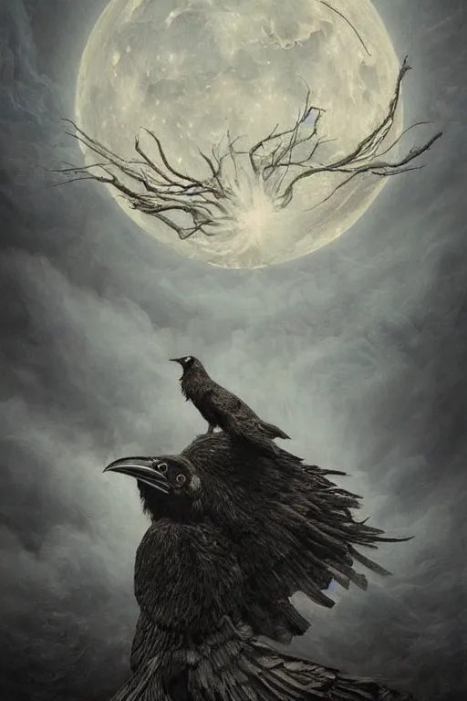 Image similar to Intricate stunning highly detailed surreal ravens by agostino arrivabene and Seb McKinnon, sculpture, ultra realistic, Horror vacui, full moon, thick swirling smoke tornado, fire embers, trending on artstation