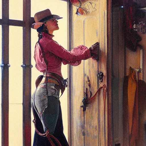 Image similar to painting of cowgirl leaning up against the door frame of saloon with one thumb hooked on belt loop art by artgerm and greg rutkowski and alphonse mucha