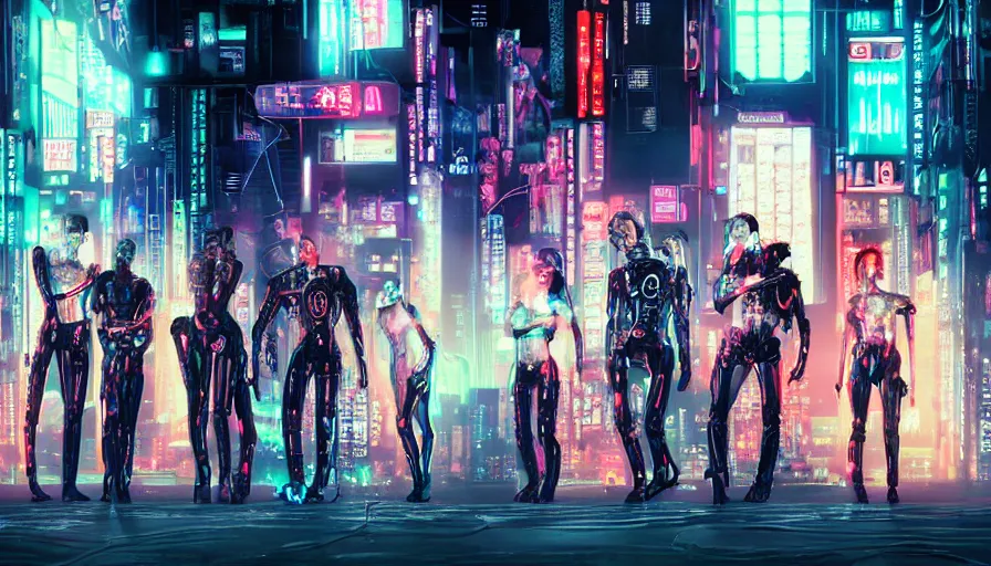 Prompt: ( ( ( sci - fi mafia ) ) ) futuristic half musician half cyborg cyberpunk neopunk horror electronic rock band photo, five people, dressed like cyberpunk horror characters, neon signs, futuristic buildings in the background, tokyo at night, photographic quality, hyper - realistic, daylight, medium format uhd style, fifth element by jean - luc goddard