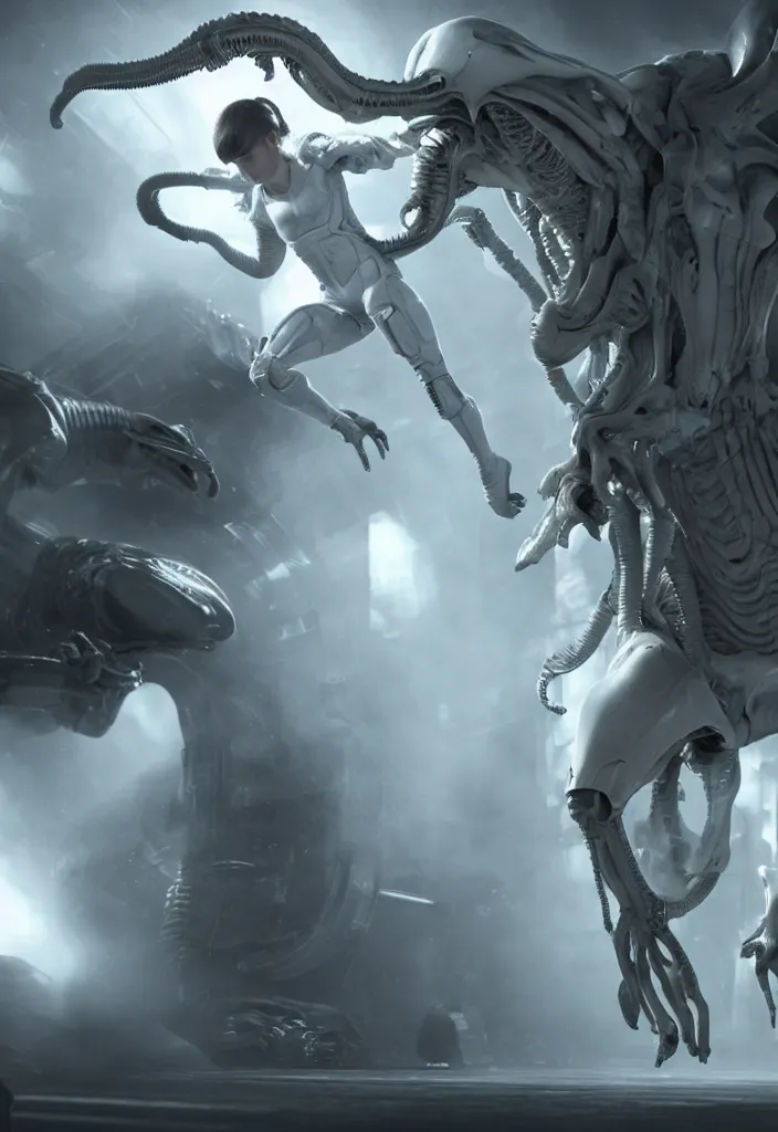 Prompt: a young girl fighting a white xenomorph in the thigh corridors of the covenant vessel, extremely realistic and highly detailed 8 k, sharp focus, mysterious atmospheric lighting, octane render, dramatic volumetric lighting, golden ratio, extremely realistic faces