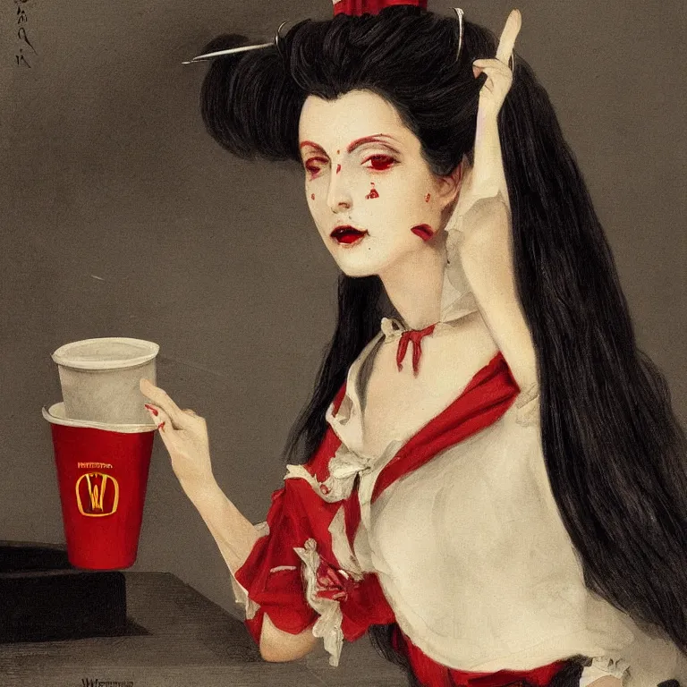 Image similar to portrait of a beautiful and grim vampire queen wearing a mcdonalds uniform by William-Adolphe Bouguerea