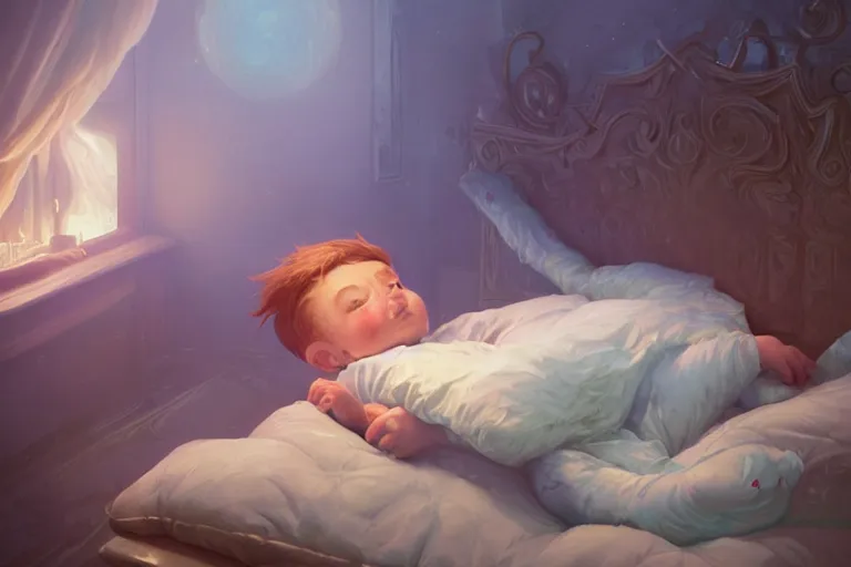 Image similar to a beautiful illustration of a little cute boy in his bed dreaming about a beautiful, fantasy, intricate, epic lighting, cinematic composition, hyper realistic, 8 k resolution, unreal engine 5, by artgerm, tooth wu, dan mumford, beeple, wlop, rossdraws, james jean, marc simonetti, artstation