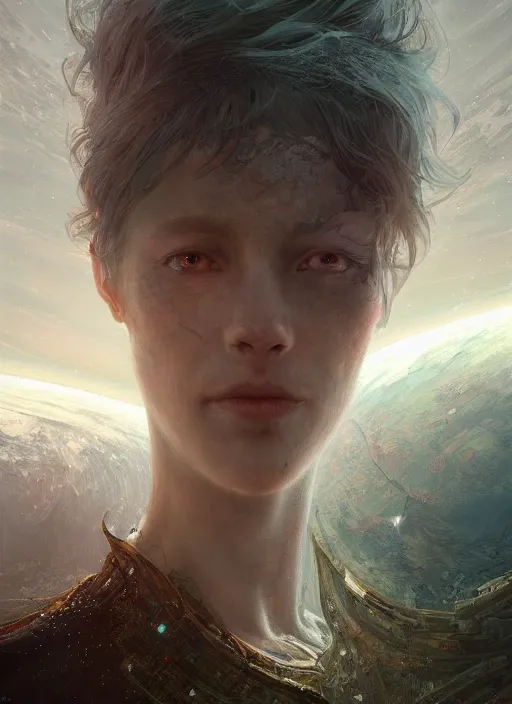 Image similar to fantasy portrait of world as human sad on space, au naturel, hyper detailed, digital art, trending in artstation, cinematic lighting, studio quality, smooth render, unreal engine 5 rendered, octane rendered, art style by klimt and nixeu and ian sprigger and wlop and krenz cushart.