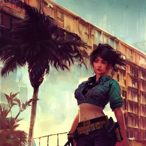 Image similar to fallout 5 miami, charismatic beautiful rugged brunette female protagonist, portrait, outdoors tropical cityscape, atmospheric lighting, painted, intricate, volumetric lighting, beautiful, daytime, sunny weather, few clouds, sharp focus, deep colours, ultra detailed, art by krenz cushart and wenjun lin