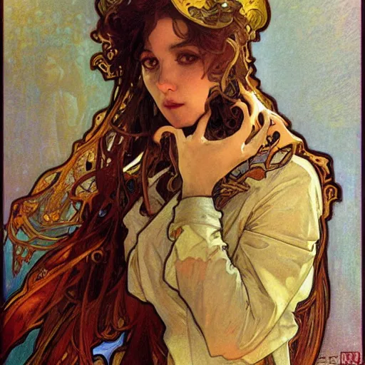 Image similar to alphonse mucha, j. c. leyendecker, and ruan jia combined art