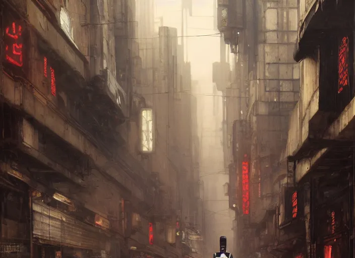 Image similar to blade runner with four robotic legs ( blade runner 2 0 4 9, dystopian, cyberpunk 2 0 7 7 character design ). orientalist portrait by john william waterhouse and james gurney and theodore ralli and nasreddine dinet, oil on canvas. cinematic, hyper realism, realistic proportions, dramatic lighting, high detail 4 k