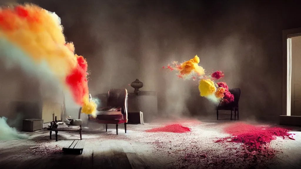 Image similar to colored powder explosion in the living room, film still from the movie directed by Denis Villeneuve with art direction by Salvador Dalí, wide lens