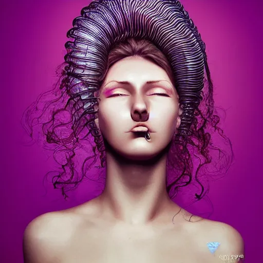 Prompt: Vass Roland cover art body art future bass girl un wrapped smooth body fabric folds statue bust curls of hair petite lush front view body photography model full body curly jellyfish lips art contrast vibrant futuristic fabric skin jellyfish material metal veins style of Jonathan Zawada, Thisset colours simple background objective