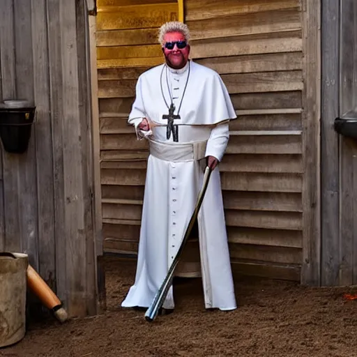 Image similar to guy fieri dressed as the pope cleaning a horse stall, a horse is staring at him while he is doing his work, award winning photo,