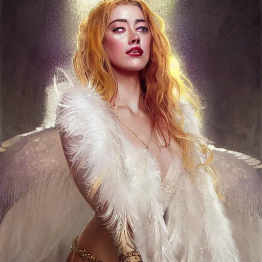 Image similar to hyperrealistic portrait of a woman as amber heard as a saint oracle wearing white swan dress long feathers and sapphire jewellery by jeremy mann and alphonse mucha, fantasy art, photo realistic, dynamic lighting, artstation, poster, volumetric lighting, very detailed faces, 4 k, award winning