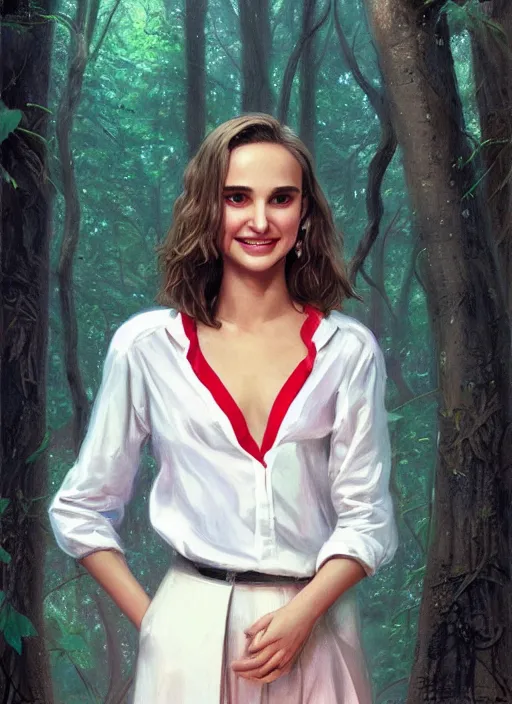 Image similar to portrait of teenage natalie portman, long haircut, flowing dark hair, white shirt, red tie, smiling kindly, forest at background, 1 9 8 0 s, intricate, elegant, glowing lights, highly detailed, digital painting, artstation, concept art, smooth, sharp focus, illustration, art by wlop, mars ravelo and greg rutkowski