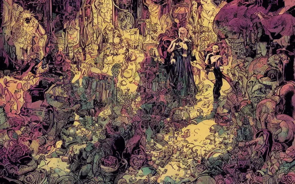 Prompt: the sandman surrounded by the stuff of dreams - images, colors, shapes, and emotions by dan mumford and heinrich kley