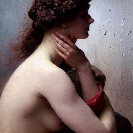 Image similar to hyperrealistic oil painting of woman, oil paint drips, dim volumetric lighting, 8 k octane beautifully detailed render, post - processing, portrait, extremely hyper - detailed, intricate, epic composition, cinematic lighting, masterpiece, by william - adolphe bouguereau and alphonse mucha, trending on artstation, very very detailed, masterpiece, stunning,