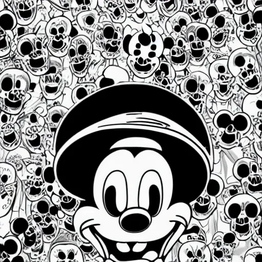 Image similar to anime manga skull portrait girl face mickey mouse marge simpson cuphead detailed highres 4k Mucha and James Jean pop art nouveau