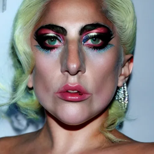 Image similar to lady gaga, drugged af, red eyes, confused