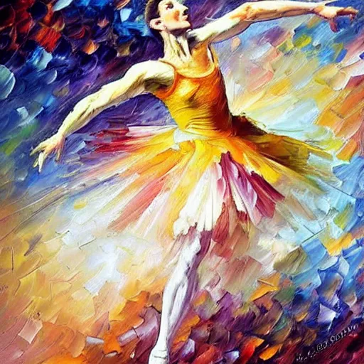 Image similar to palette knife oil painting of a leaping ballerina dancer, extreme detail, style by leonid afremov and degas, artstation, artgerm, deviant art, octane, substance, art history