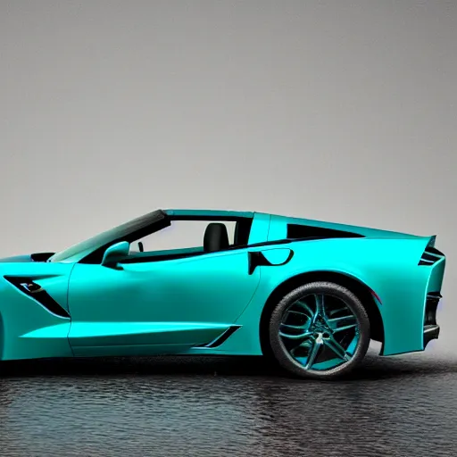 Image similar to a small dark luminous turquoise color liquid water sculpture is hybrid of a corvette convertible, a corvette made out of luminous turquoise color liquid water, viscous, reflective, monochromatic, digital art