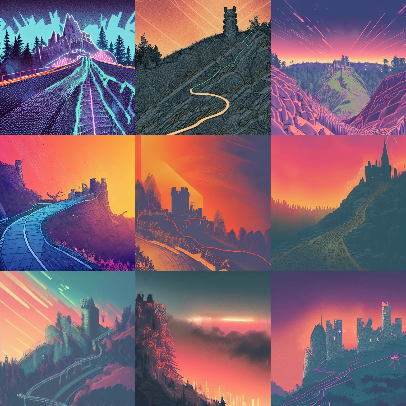 Prompt: detailed cyberpunk illustration of steep long zig - zag path to an evil sharp castle over a high dark blue hill, orange to pink gradient sky and thunderstorm background. forest underneath