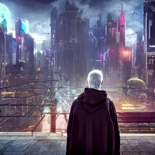 Prompt: a elder man wearing a hood staring at a cyberpunk city, sci-fi art, digital art, matte painting, award-winning