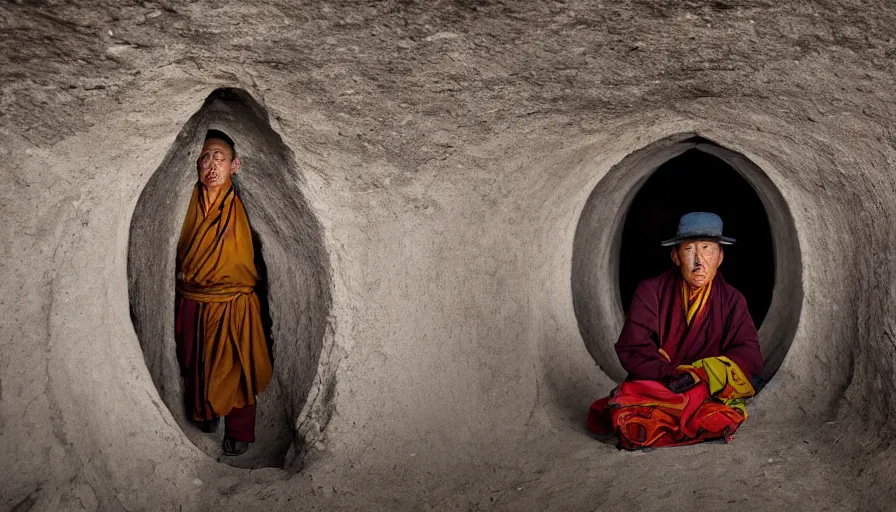 Image similar to a tibetan man in a flesh barque in a tiny tunnel, leica sl 2