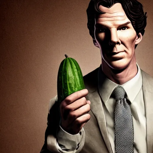 Prompt: benedict cumberbatch disguised as a cucumber, portrait, cucumber, borderlands, tales from the borderlands, the wolf among us, comic, cinematic lighting, studio quality, 8 k