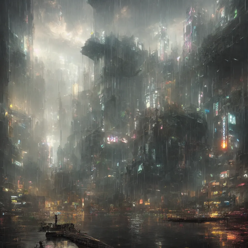 Image similar to ta ha, volumetric lighting, highly detailed, by greg rutkowski, complementing colors, god looking at me, heavy rainy, lofty heavens, water reflection, flowers, hyper realistic, concept art, 8 k detail post - processing, cyberpunk style, arcane style