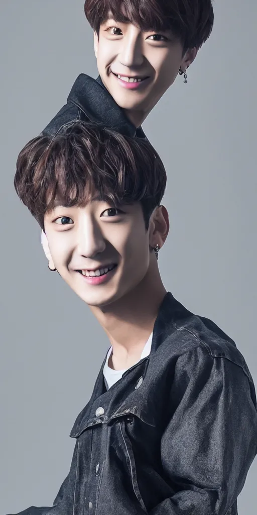 Image similar to jungkook of bts modeling, portrait, photo realistic, grin