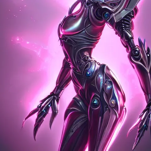 Image similar to highly detailed realistic exquisite fanart, of a beautiful female warframe, but as an anthropomorphic elegant robot female dragon, glowing eyes, shiny and smooth off-white plated armor, bright Fuchsia skin beneath the armor, sharp claws, well designed robot dragon dragon hands, and sharp elegant robot dragon feet, royal elegant pose, full body and head shot, epic cinematic shot, professional digital art, high end digital art, sci fi, DeviantArt, artstation, Furaffinity, 8k HD render, epic lighting, depth of field