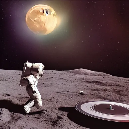 Image similar to a realistic matte painting of a dj with turntable play music on the moon, detailed, 8 k,