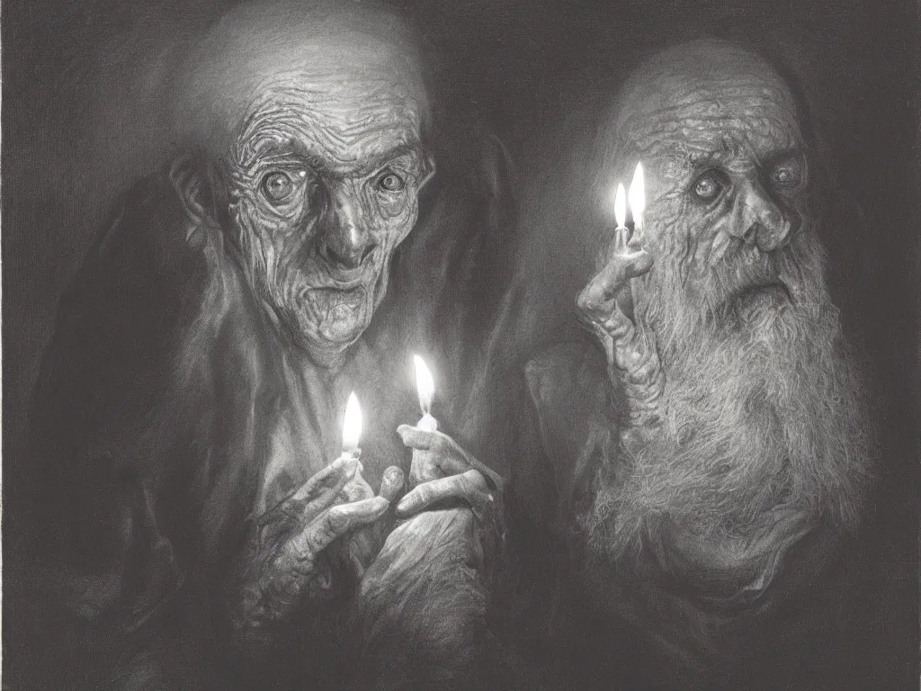 Image similar to Expressive portrait of an elderly zombie. Candlelight. Painting by Gustave Dore, August Sander