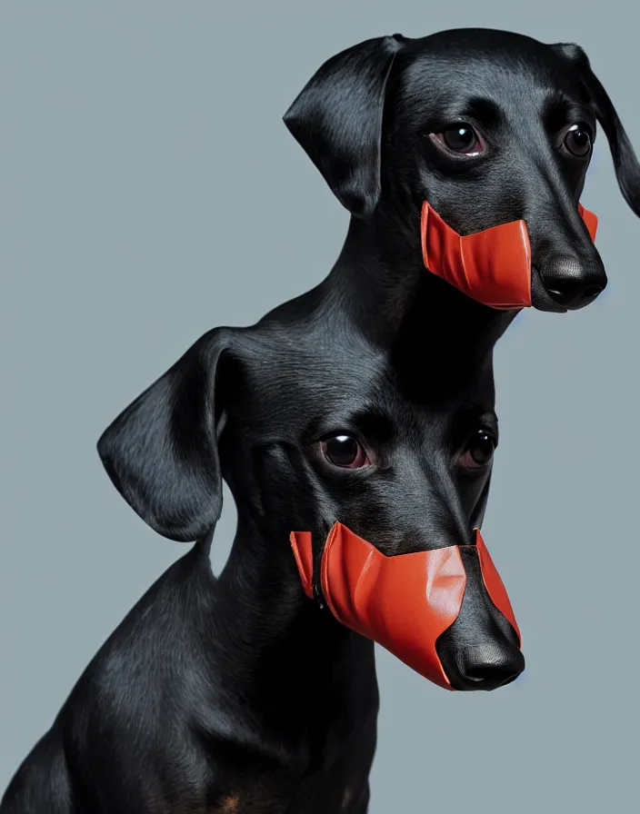 Image similar to photo of all black wiener dog wearing a mask. Matte photo, award winning. Octane render, 4k, 8k, unreal 5, very detailed, hyper control-realism, depth of field.