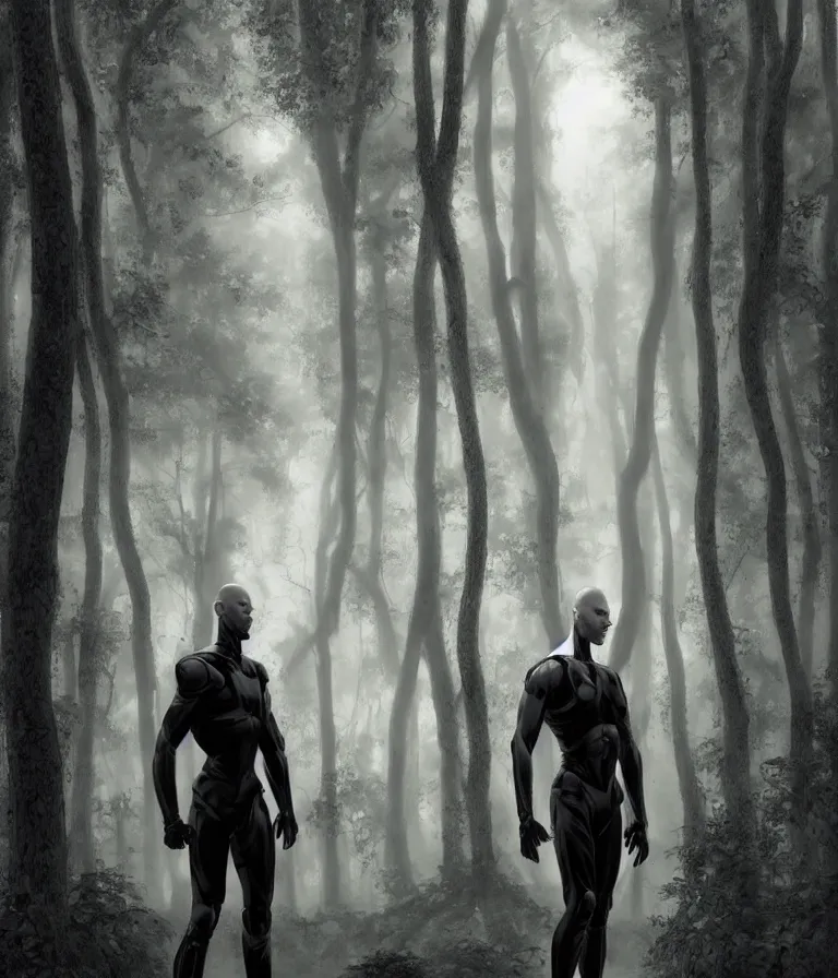 Prompt: portrait of a 1 5 foot tall, muscular, bald, smooth, extremely pale, androgynous humanoid with a perfectly symmetrical face, fully dressed in black body armour, in the background is a dense and foggy forest of trees, intricate detail, smooth, sharp focus, monochrome, high contrastl, art by artgerm and greg rutkowski,