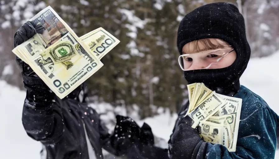 Image similar to A stunning beautiful professional photograph of a kid in a ski mask holding two full bags of cash, from Time magazine, award-winning photography, taken with Sony alpha 9, sigma art lens, full body shot