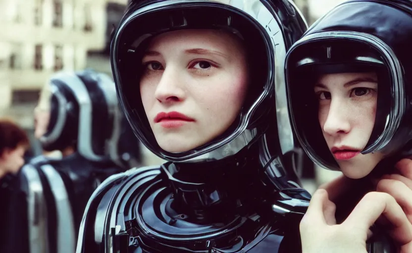 Prompt: cinestill 5 0 d photographic portrait by helen levitt of two loving female cyborgs wearing black techwear in a retrofuturist liminal office, extreme closeup, modern cyberpunk, garden terraces, 8 k, hd, high resolution, 3 5 mm, f / 3 2, ultra realistic faces, intricate detail, ex machina